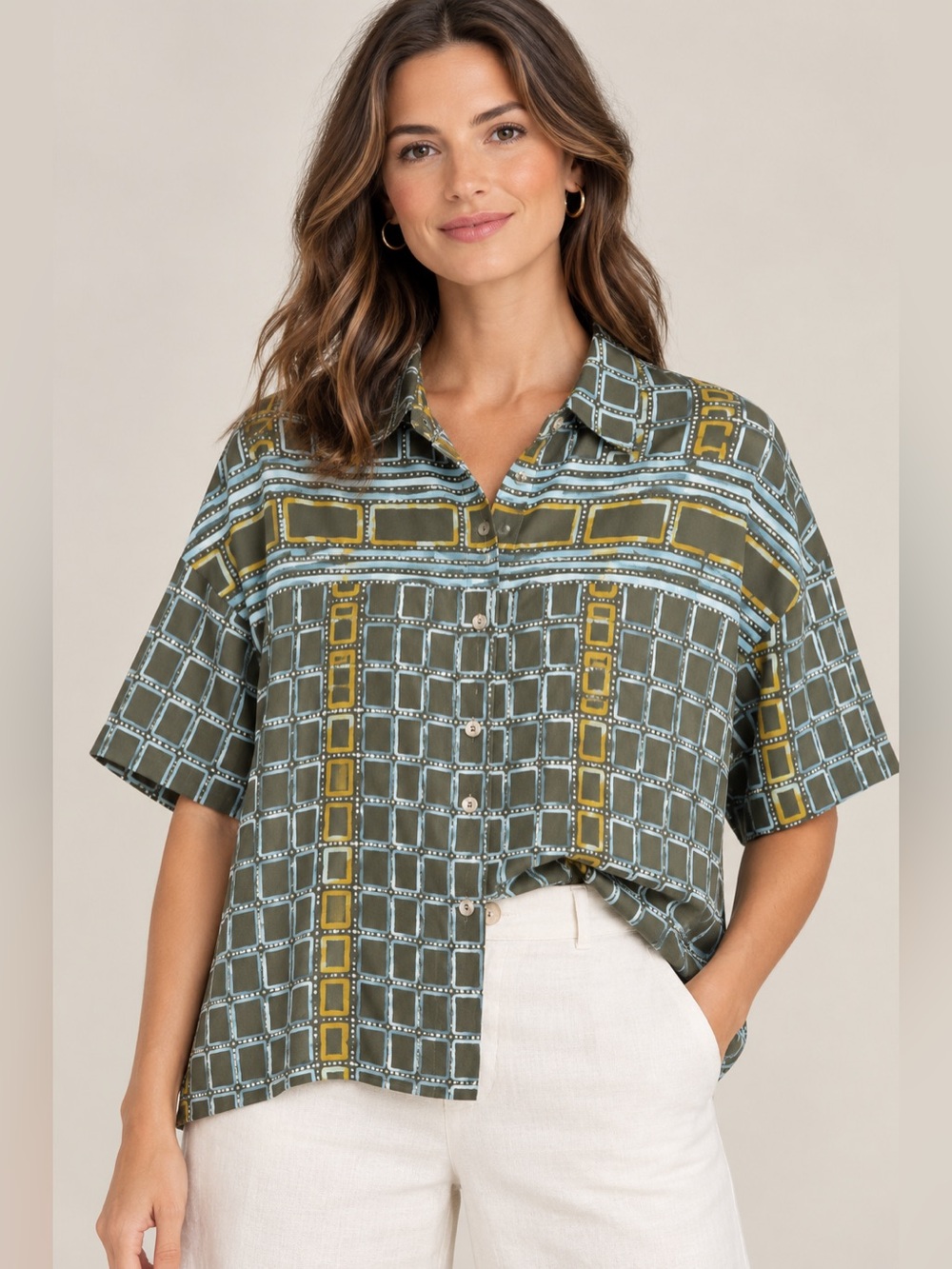 Nile Vintage Short Sleeved Blouse in Green, Blue & Yellow Geometric Pattern